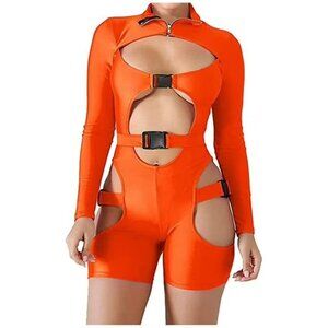 Women's Neon Bodycon Buckle High Neck Jumpsuit Long Sleeves Sexy - Size XL, NWOT